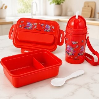 Lunch Box Enfant Licorne avec Gourde 380 ml et Cuillère – Boîte Repas Compartimentée avec Paille - Rouge