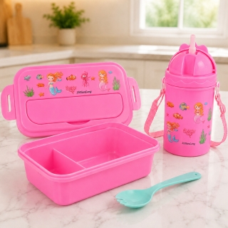 Lunch Box Enfant Sirène avec Gourde 380 ml et Cuillère-Fourchette – Compartimentée avec Paille - Rose