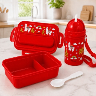 Lunch Box Enfant Cactus avec Gourde 380 ml et Cuillère – Compartimentée avec Paille - Rouge