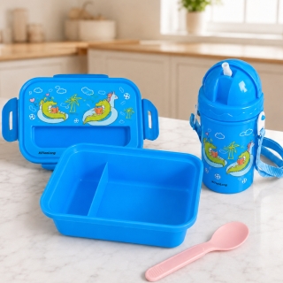 Lunch Box Enfant Crocodile avec Gourde 380 ml et Cuillère – Compartimentée avec Paille - Bleu