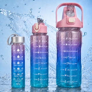Set de 3 Gourdes Sans BPA – 2000 ml + 900 ml + 300 ml avec Paille et Poignée - Rose