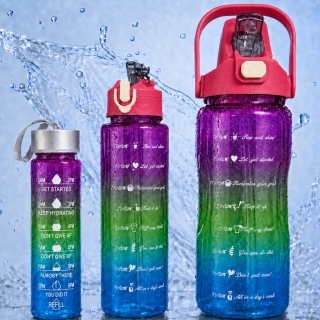 Set de 3 Gourdes Sans BPA – 2000 ml + 900 ml + 300 ml avec Paille et Poignée - Rose