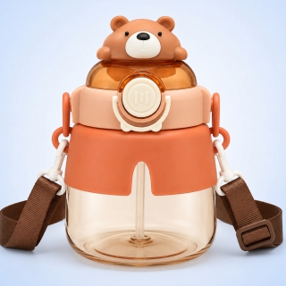 Gourde Enfant 1 Litre en PP avec Paille et Bandoulière – Motif Ours Marron