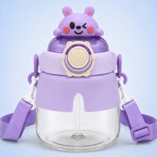 Gourde Enfant 1 Litre en PP avec Paille et Bandoulière – Motif Ours Violet