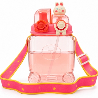 Gourde Enfant 1000 ml en PP avec Paille et Ouverture Directe – Bandoulière - Rose