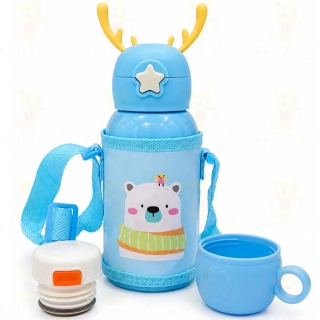 Gourde Isotherme Enfant 500 ml en Acier Inoxydable SUS 316 avec Gobelet et Sangle - Ourson Bleu