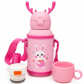 Gourde Isotherme Enfant 500 ml en Acier Inoxydable SUS 316 avec Gobelet et Sangle - Lapin Rose