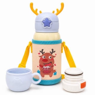 Gourde Isotherme Enfant 500 ml en Acier Inoxydable SUS 316 avec Gobelet et Sangle - Renne