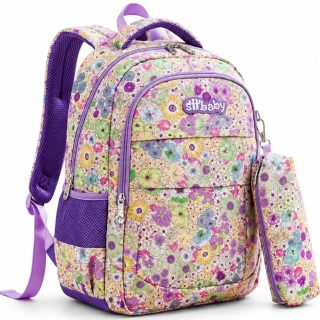 Sac à Dos Scolaire Multicolore avec Trousse Assortie – Motif Floral Violet