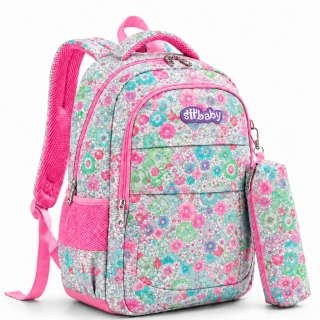 Sac à Dos Scolaire Multicolore avec Trousse Assortie – Motif Floral Rose