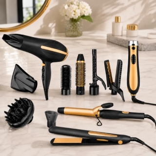 Florence Coffret Cheveux 12 en 1 AG535-S12 – Sèche-Cheveux, Lisseur, Boucleur & Brosse Soufflante