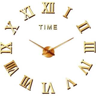 Montre Murale Dorée 3D Autocollant Chiffres Romains 90 cm