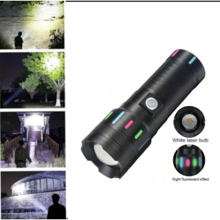 Lampe Torche De Poche Laser Blanche – Longue Portée – 5 Mode – Bandes Lumineuses – 30W LED – Rechargeable