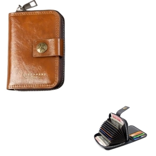 Portefeuille et Porte Cartes En Cuir Double D’inspiration Vintage Avec Plusieurs Emplacements Pour Cartes - Marron Clair