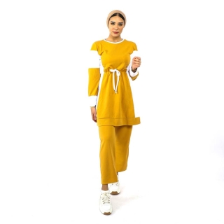 Jogging 2 pièces pour femme voilée Jaune avec bandes blanches