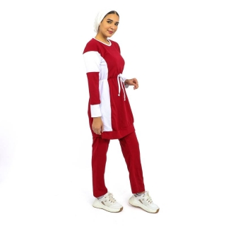 Jogging 2 pièces pour femme voilée Rouge bordeaux avec bandes blanches