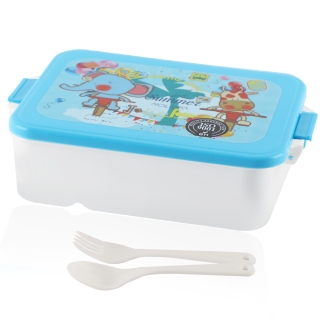 Boite à lunch en plastique pour enfant avec couverts bleu