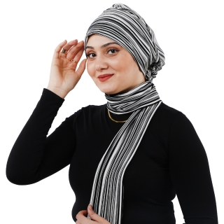 Turban en bisou plissé avec cache cou assortie rayé noir et blanc