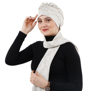 Turban en chiffon pailleté avec écharpe en beige