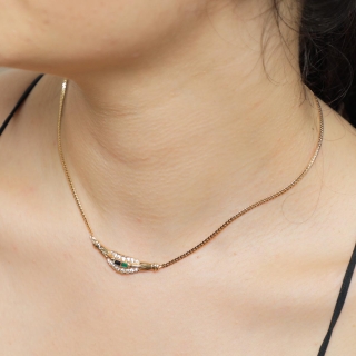 Collier maille anglaise en plaqué or zircone vert et bleu