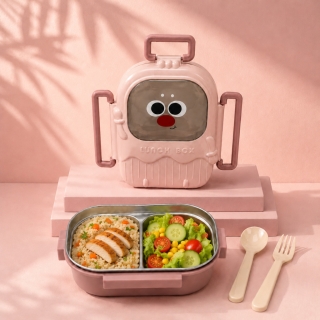 Lunch Box Enfant 700 ml en Acier Inoxydable – 2 Compartiments avec Cuillère & Fourchette – Rose