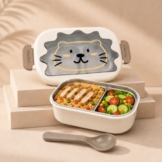 Lunch Box Double Couche en Acier Inoxydable avec Cuillère – 700 ml - Design Lion - Blanc