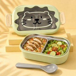 Lunch Box Double Couche en Acier Inoxydable avec Cuillère – 700 ml - Design Lion - Vert