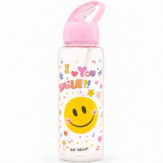 Gourde Réutilisable Smiley 900 ml en PP avec Paille – Bouteille d’Eau Transparente - Rose
