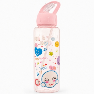 Gourde Réutilisable Smiley 900 ml en PP avec Paille – Bouteille d’Eau Transparente - Rose