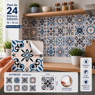 Pack de 24 Stickers Adhésifs 15 × 15 cm – Autocollants Muraux Résistants à l'Eau et à la Chaleur - Bleu