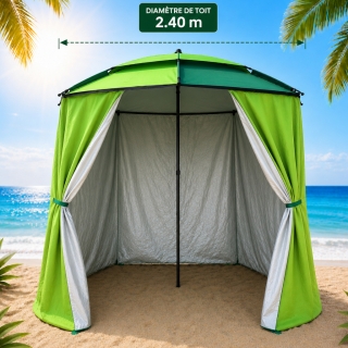 Parasol Cabine de Plage Vert Pistache Avec Rideau de Protection Coupe-Vent et Anti-Soleil – 2,40 m x 2 m