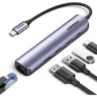 HUB USB-C 5-en-1 Vers 2*USB 3.0 + HDMI + RJ45 + Type-C PD 100W