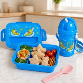 Lunch Box Enfant Crocodile avec Gourde 380 ml et Cuillère – Compartimentée avec Paille - Bleu