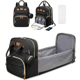 Sac à Dos de Maternité Multifonction avec Lit Pliable – Grande Capacité, USB & Poches Isothermes - Noir