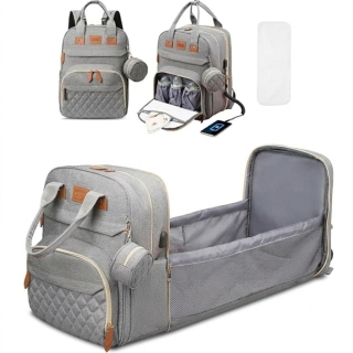 Sac à Dos de Maternité Multifonction avec Lit Pliable – Grande Capacité, USB & Poches Isothermes - Gris