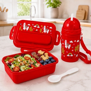 Lunch Box Enfant Cactus avec Gourde 380 ml et Cuillère – Compartimentée avec Paille - Rouge