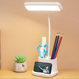 Lampe de Bureau LED Rechargeable avec Porte-Stylos et Support Téléphone – Blanc