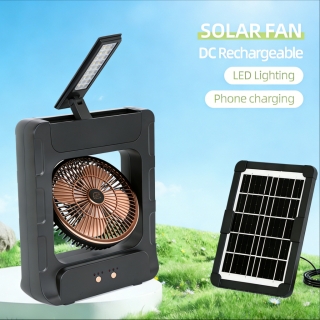 Ventilateur Solaire Rechargeable 6" Bluetooth avec Lampe LED, Radio FM et Power Bank – Noir