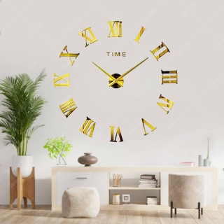 Montre murale 3D autocollant chiffres romains doré 120 cm