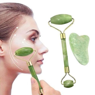 Rouleau Massage du Visage Pierre de Jade Vert & Planche de Guasha