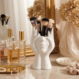 Pot à Pinceaux de Maquillage Design Visage – Organisateur de Bureau Multifonction Blanc