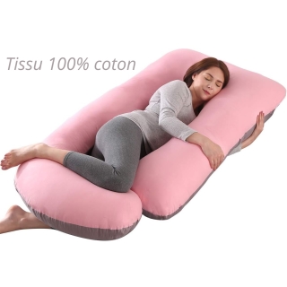 Coussin De Grossesse Géant Gris Rose Lavable Coton 139x73cm