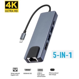 HUB Type-C 5 en1 Avec HDMI + 2 * USB 3.0 + RJ45 + Port de Charge USB-C PD