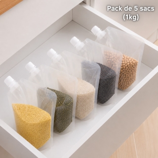 Pack de 5 Sacs de Rangement Alimentaires Hermétiques 1kg – Réutilisables pour Conservation des Aliments
