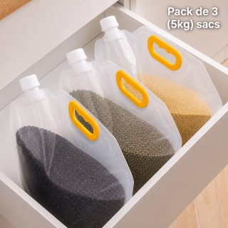 Pack de 3 Sacs de Rangement Alimentaires Hermétiques 5kg – Réutilisables pour Conservation des Aliments