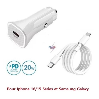 Chargeur de Voiture USB-C PD 20W avec Câble 60W USB-C vers USB-C 60W
