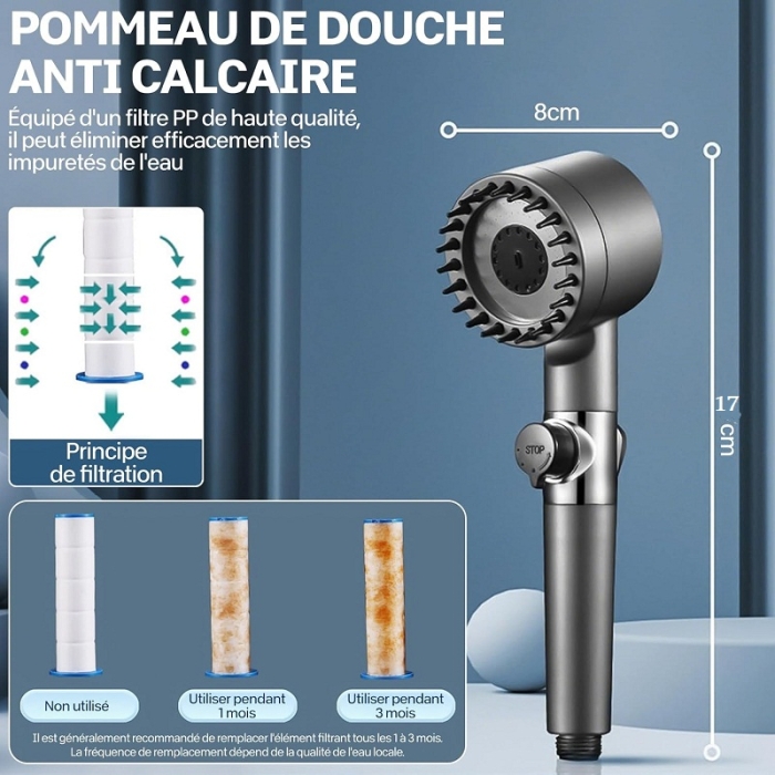 Pommes de douche Pommeau + Filtre, Douchette à 3 modes, brosse massage, haut débit
