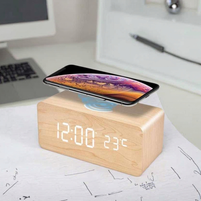 Réveil en bois avec recharge sans fil - Fonction thermomètre - Réveil-alarme