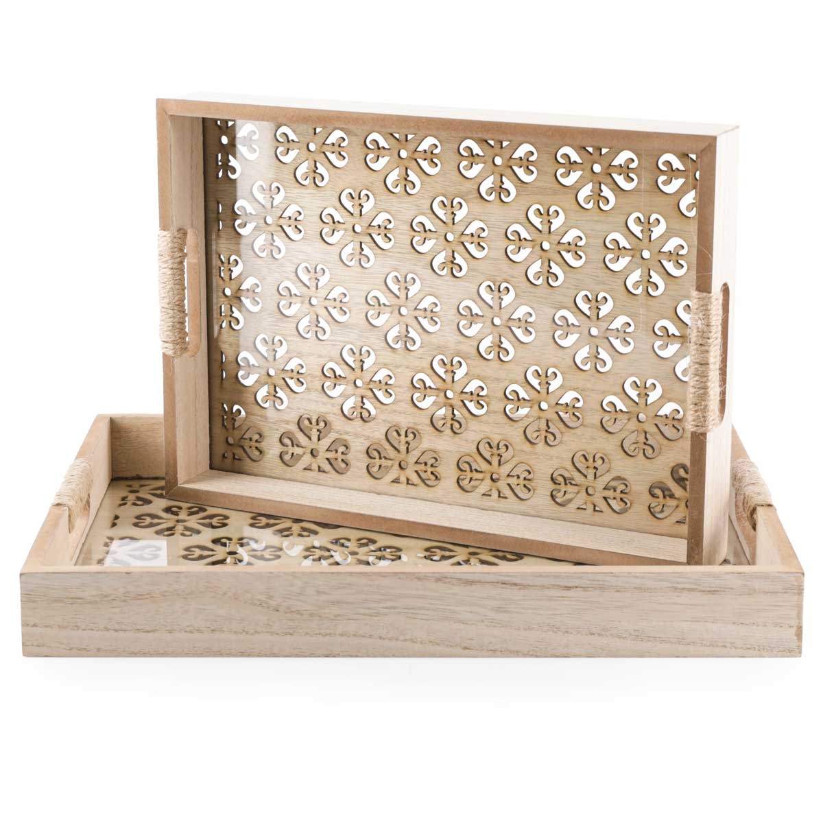 Slide  #7 Série de 2 plateaux en bois avec fond en plexiglass- rectangulaire