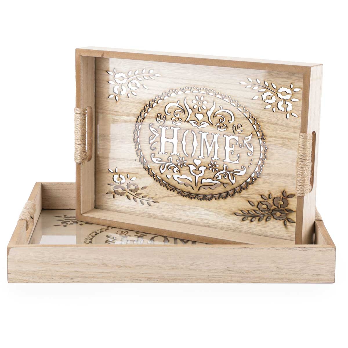 Slide  #6 Série de 2 plateaux en bois avec fond en plexiglass- rectangulaire